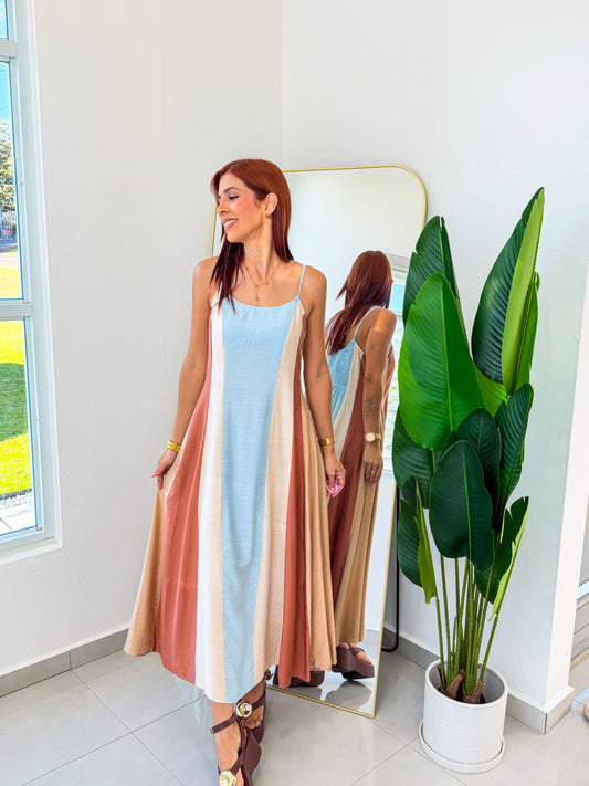 “Edith” Blue Color Block Midi Dress