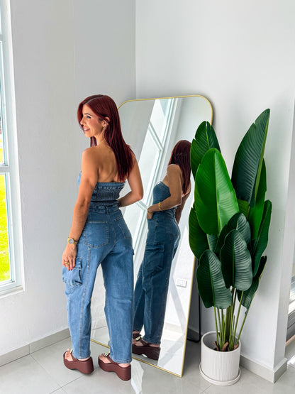 “Alaia” Denim Barrel Jumpsuit