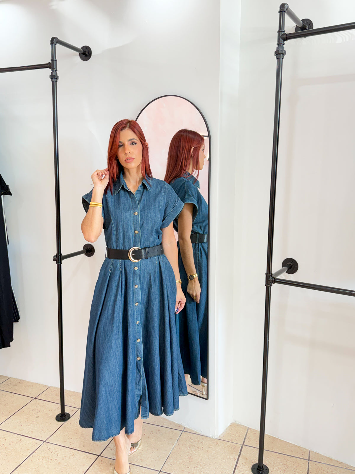 “Inés” Midi Denim Belted Dress