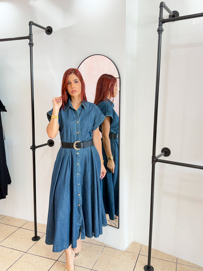 “Inés” Midi Denim Belted Dress