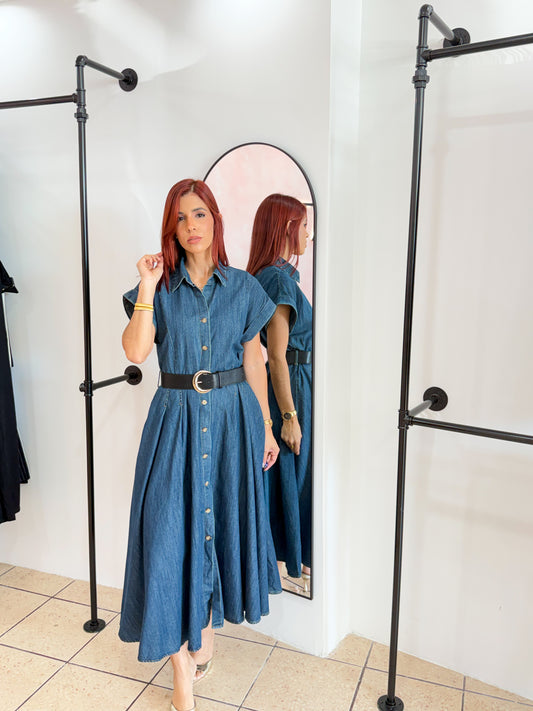 “Inés” Midi Denim Belted Dress
