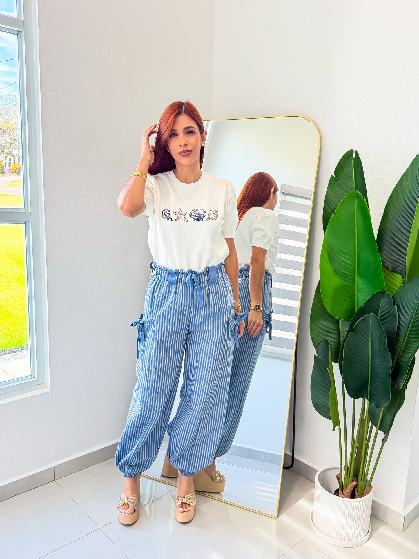 “Ana” Denim/White Stripe Jogger