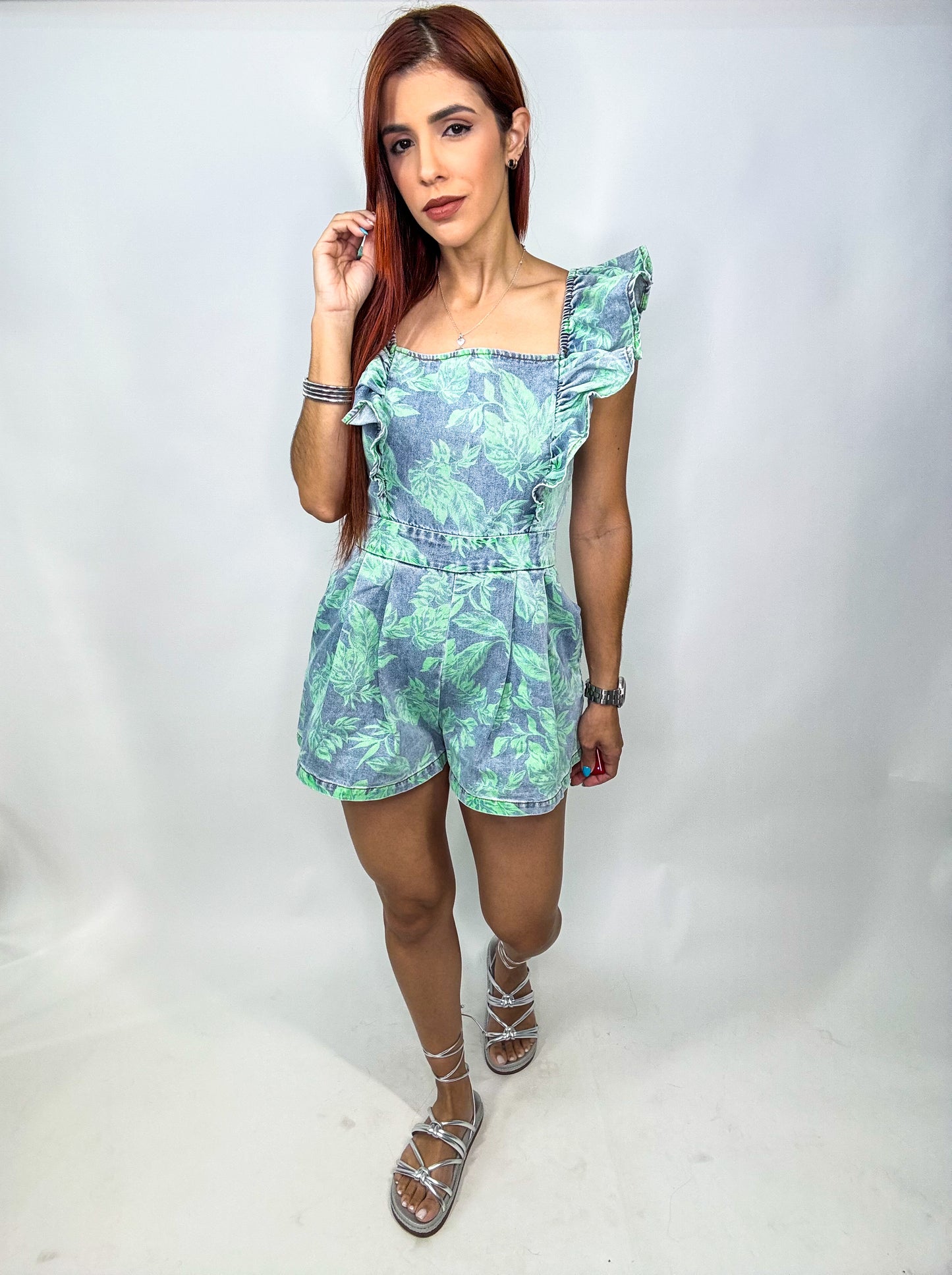 “Coralys” Printed Denim Wash Romper