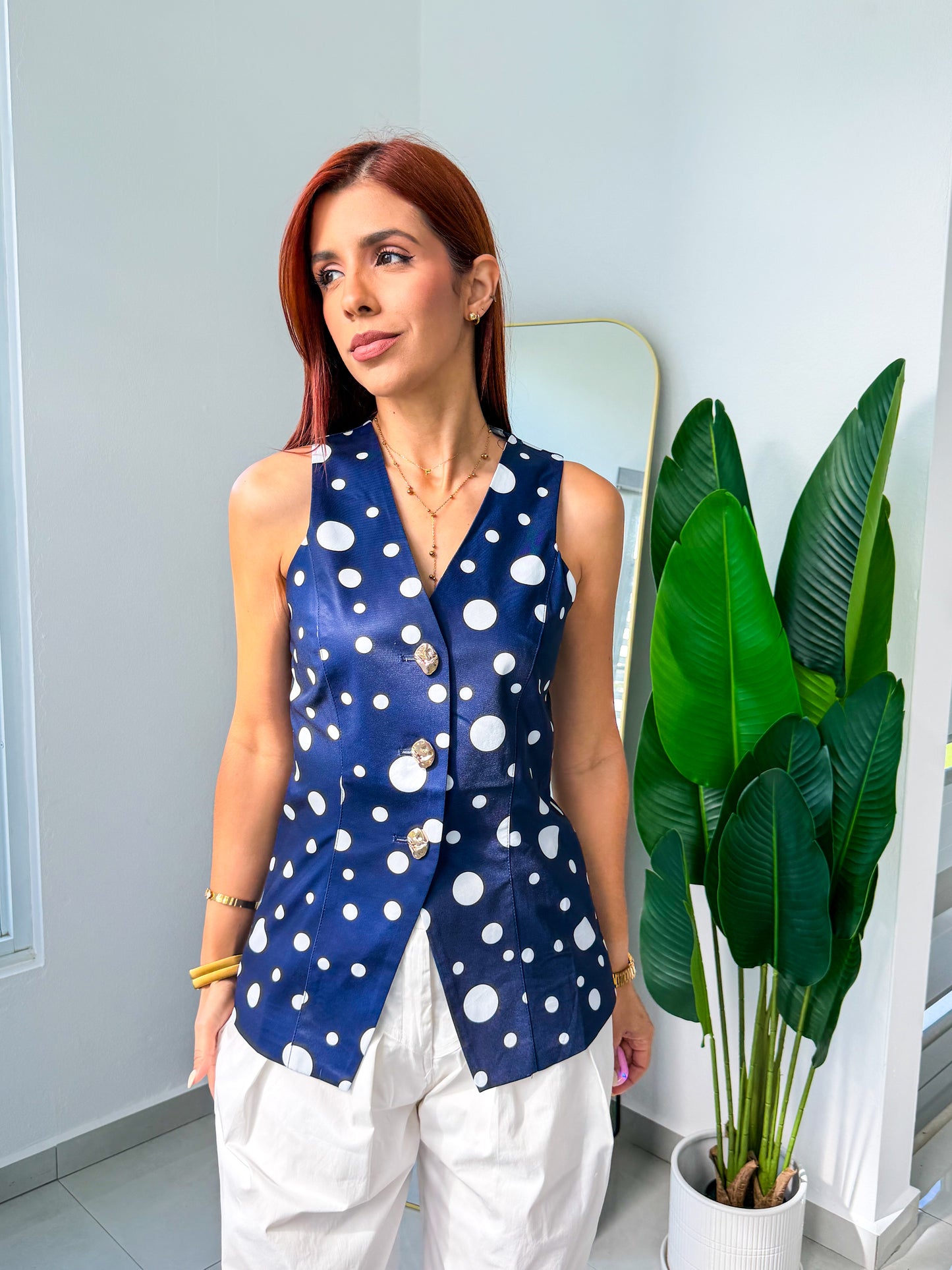 “Amira” Navy Polka Dots Vest