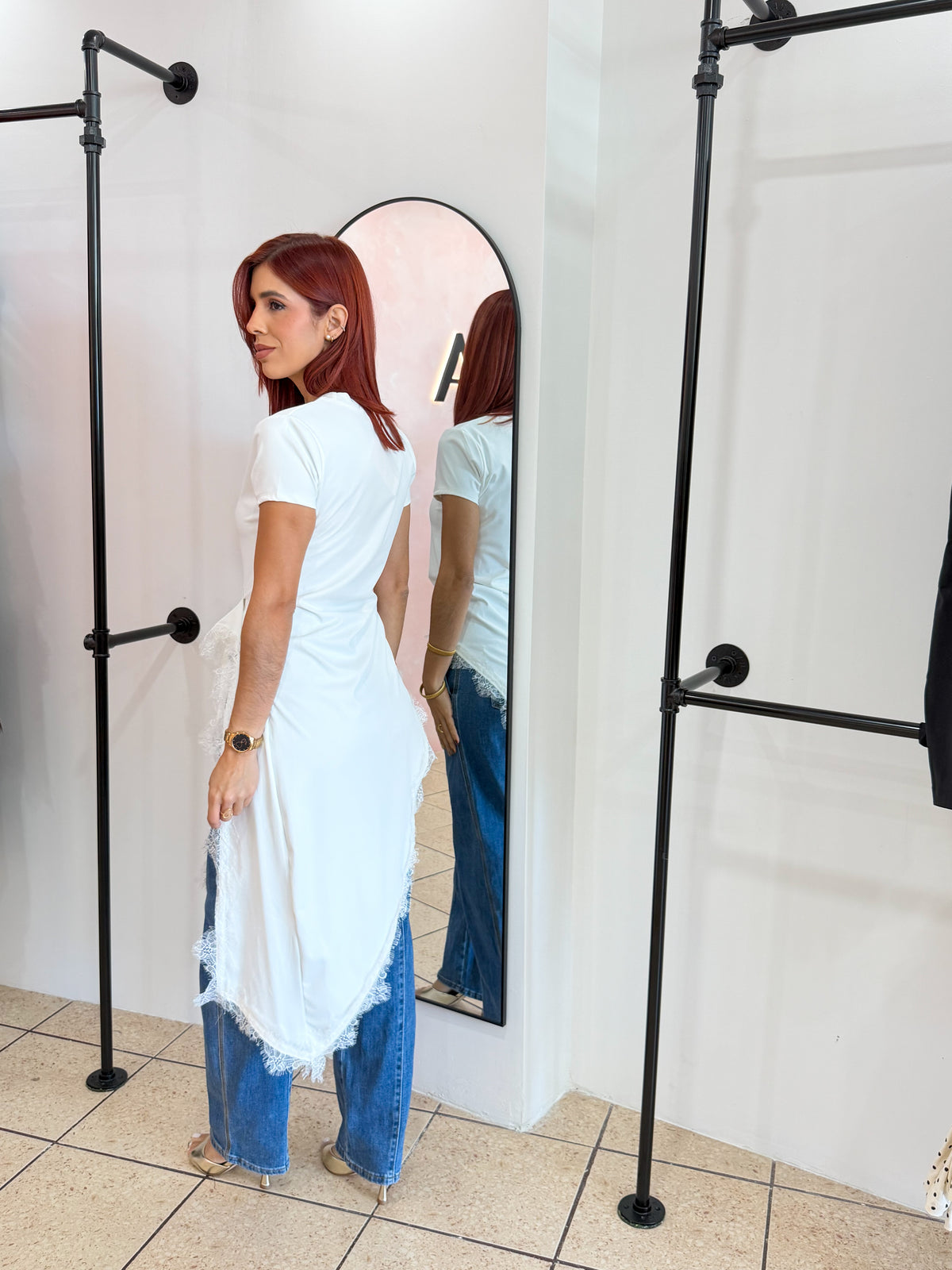 “Zarimar” White Asymmetrical Lace Top