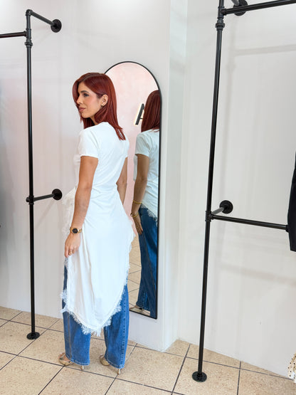 “Zarimar” White Asymmetrical Lace Top