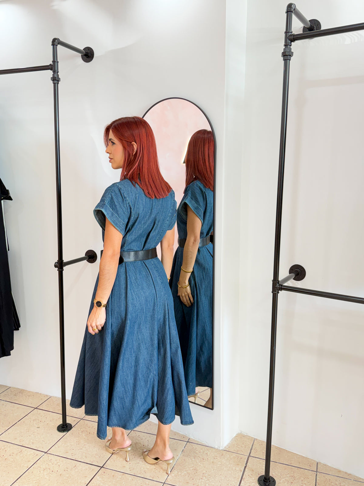 “Inés” Midi Denim Belted Dress