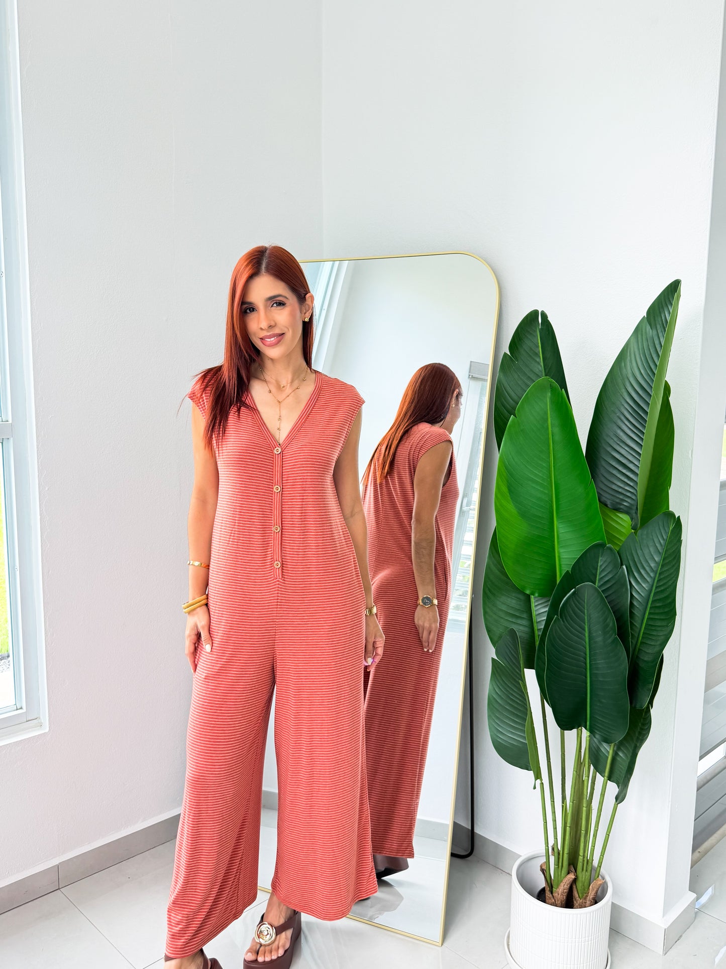 “Shayleen” Brick Stripe Jumpsuit