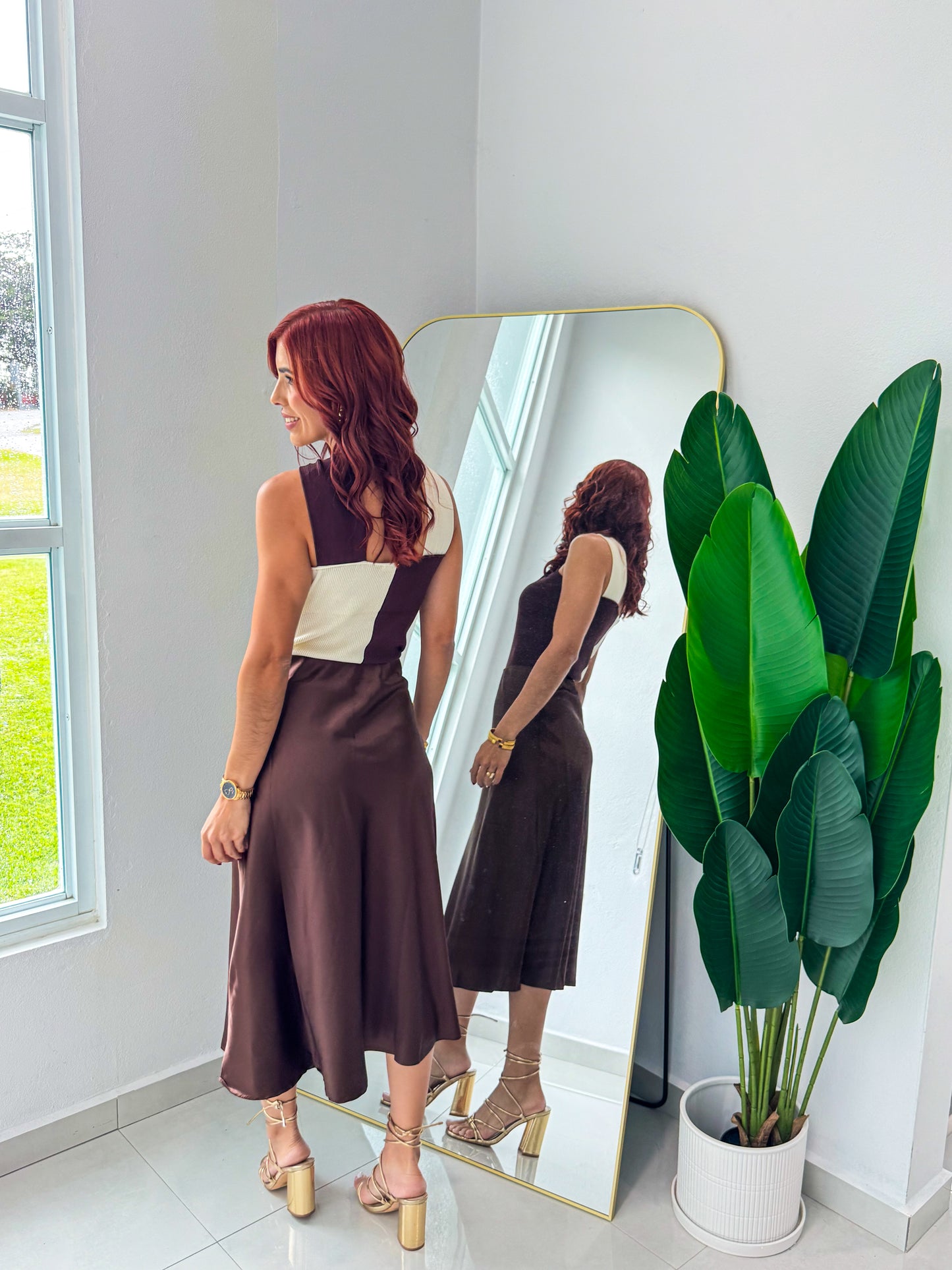 “Ingrid” Brown Midi Satin Skirt