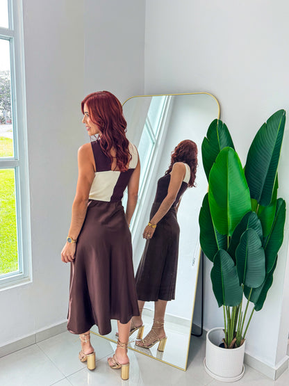 “Ingrid” Brown Midi Satin Skirt