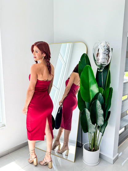 “Tatiana” Wine Strapless Midi Dress