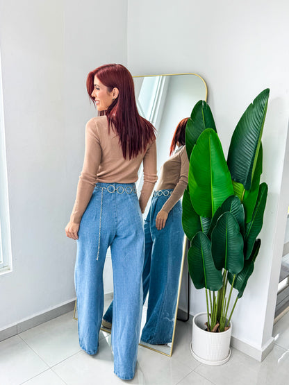 “Eneida” Mocha Collared Long Sleeve Top