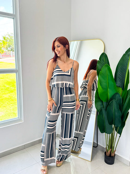 “Tatiana” Navy Cream Jumpsuit