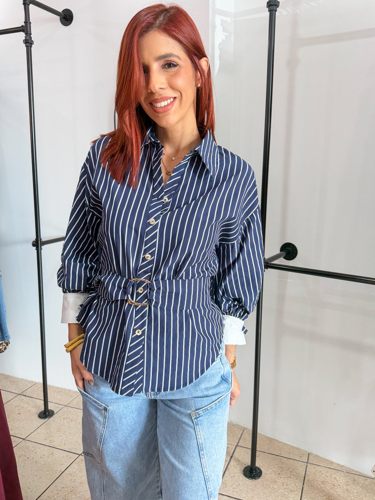 “Zoe” Blue Stripe Belted Top