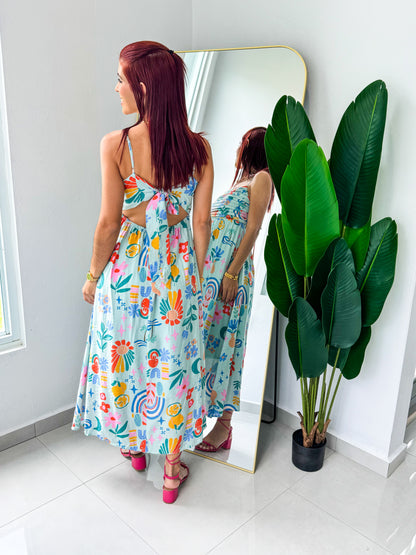 “Marisel” Aqua Tropical Midi Dress