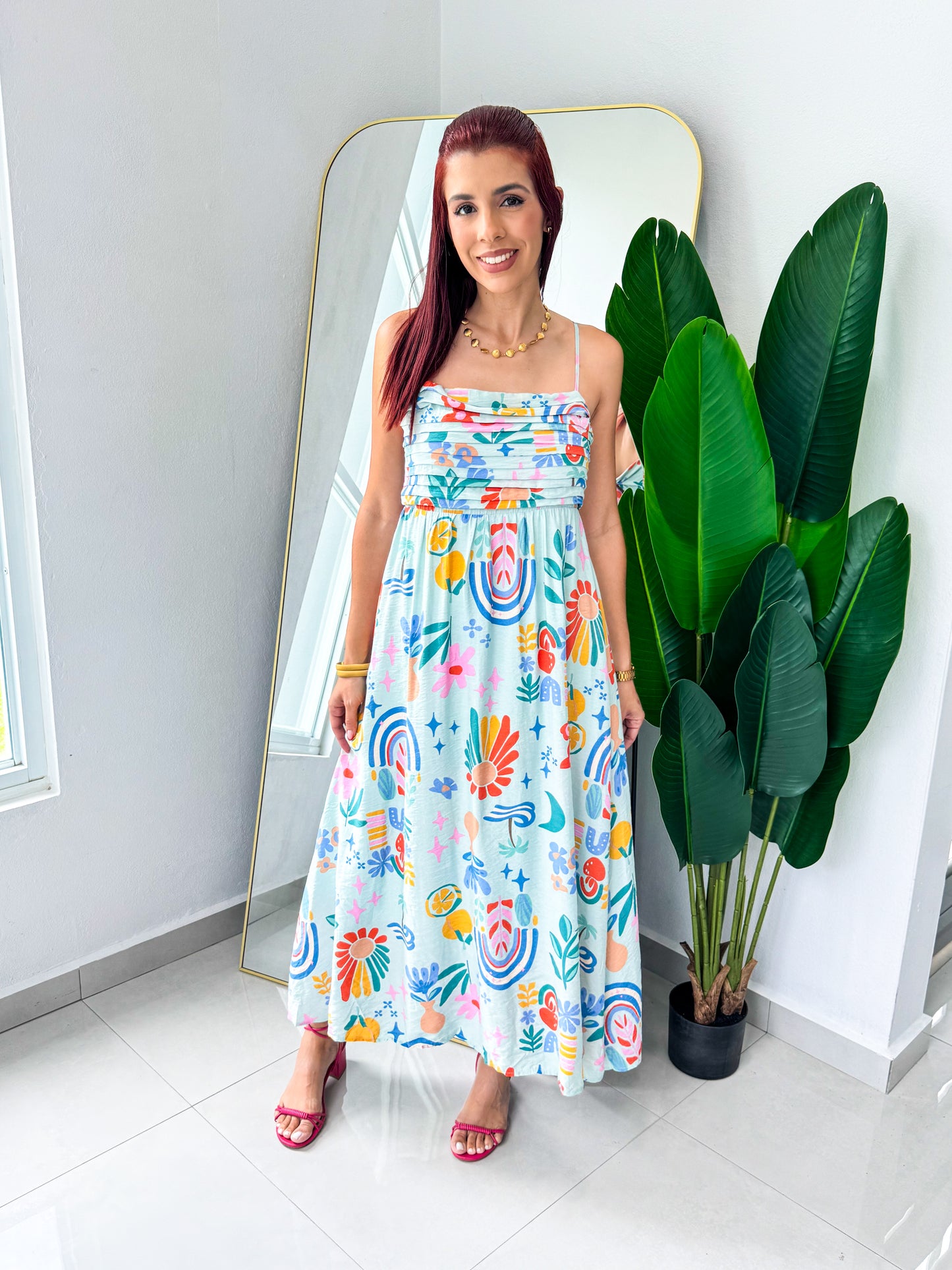“Marisel” Aqua Tropical Midi Dress