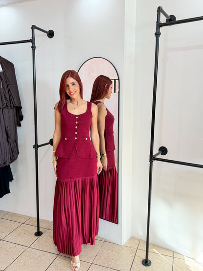 “Melanie” Wine Pleated Skirt Set