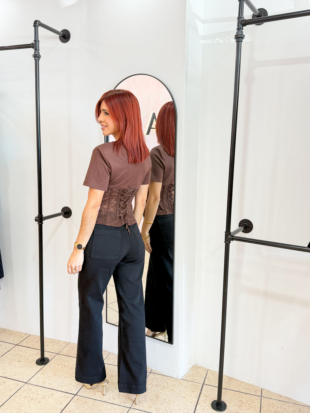 “Leishla” Brown Corset Lace Top
