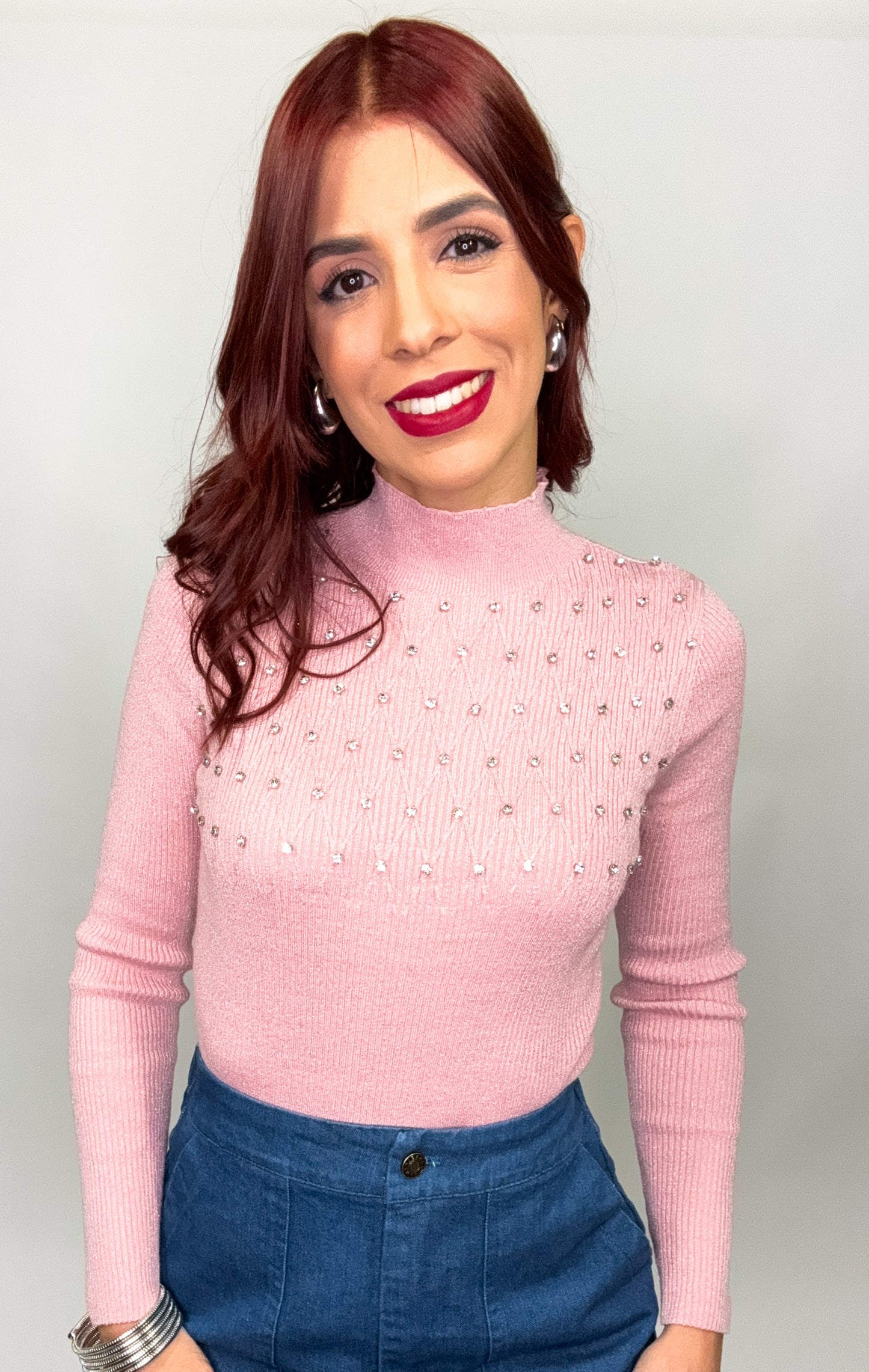 “Sabrina” Pink Beaded Sweater