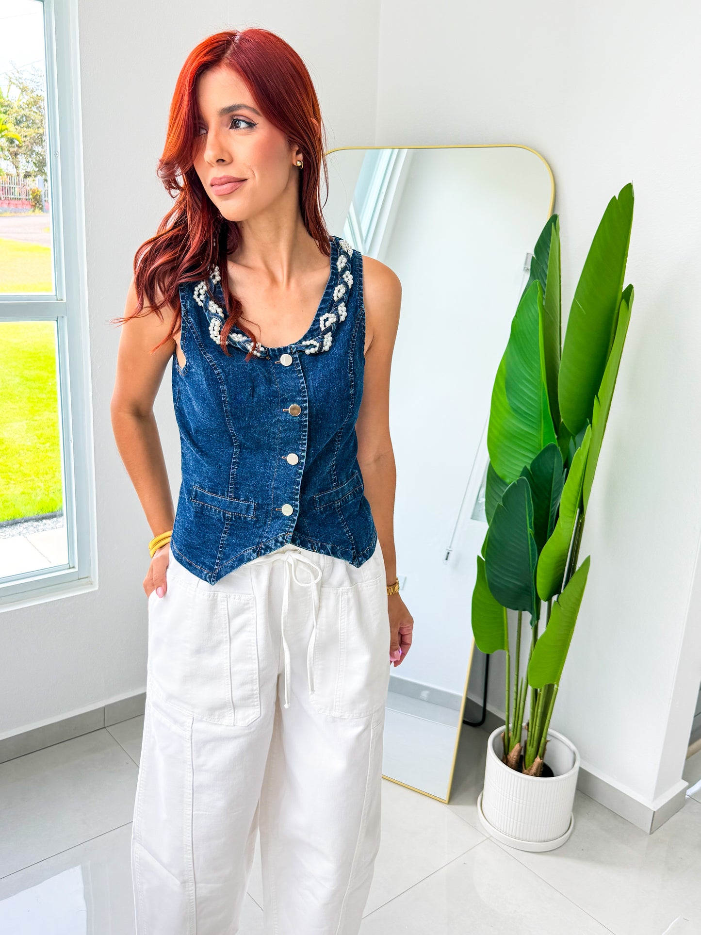 “Noelia” Denim Pearls Top