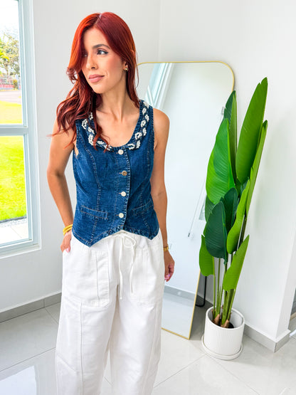 “Noelia” Denim Pearls Top