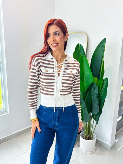 “Maite” Long Sleeve Taupe Stripe Top