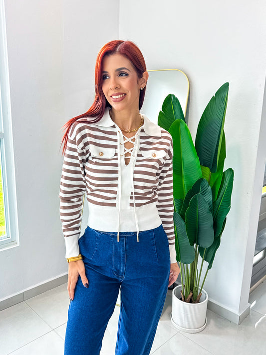 “Maite” Long Sleeve Taupe Stripe Top