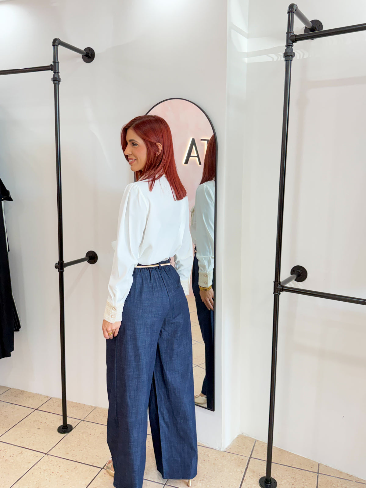 “Stephanie” Denim Color Belted Pant