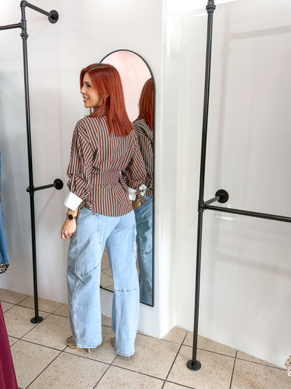 “Zoe” Brown Stripe Belted Top