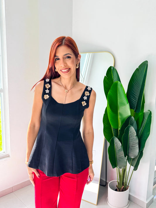 “Edna” Black Embellished Peplum Top