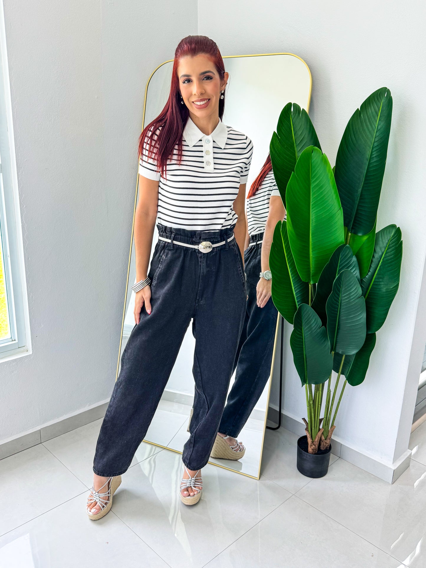 “Diana” Black & White Stripe Polo