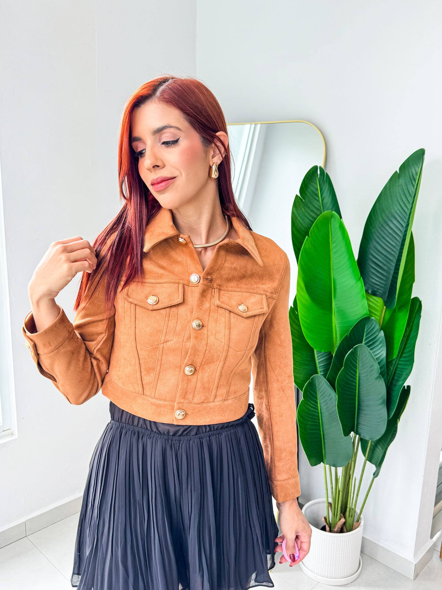 “Nahia” Camel Suede Crop Jacket