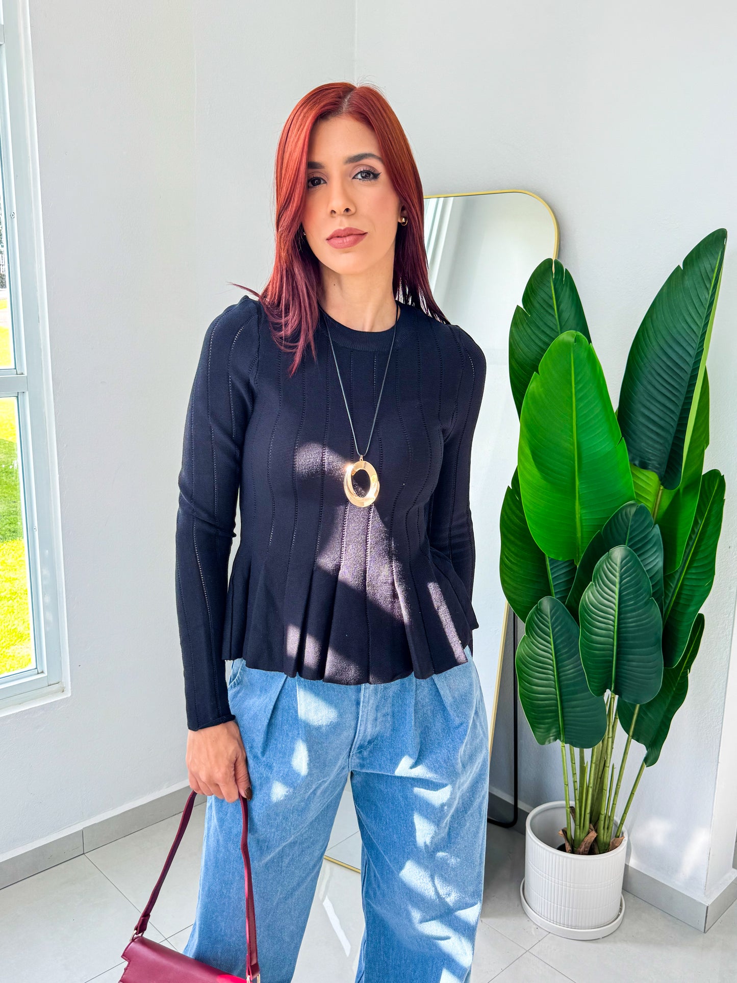 “Astrid” Black Peplum Long Sleeve Top