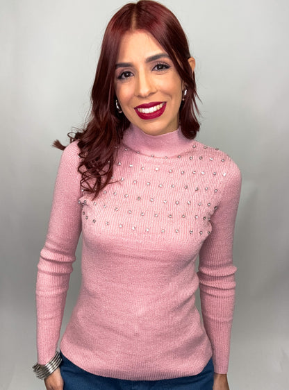 “Sabrina” Pink Beaded Sweater