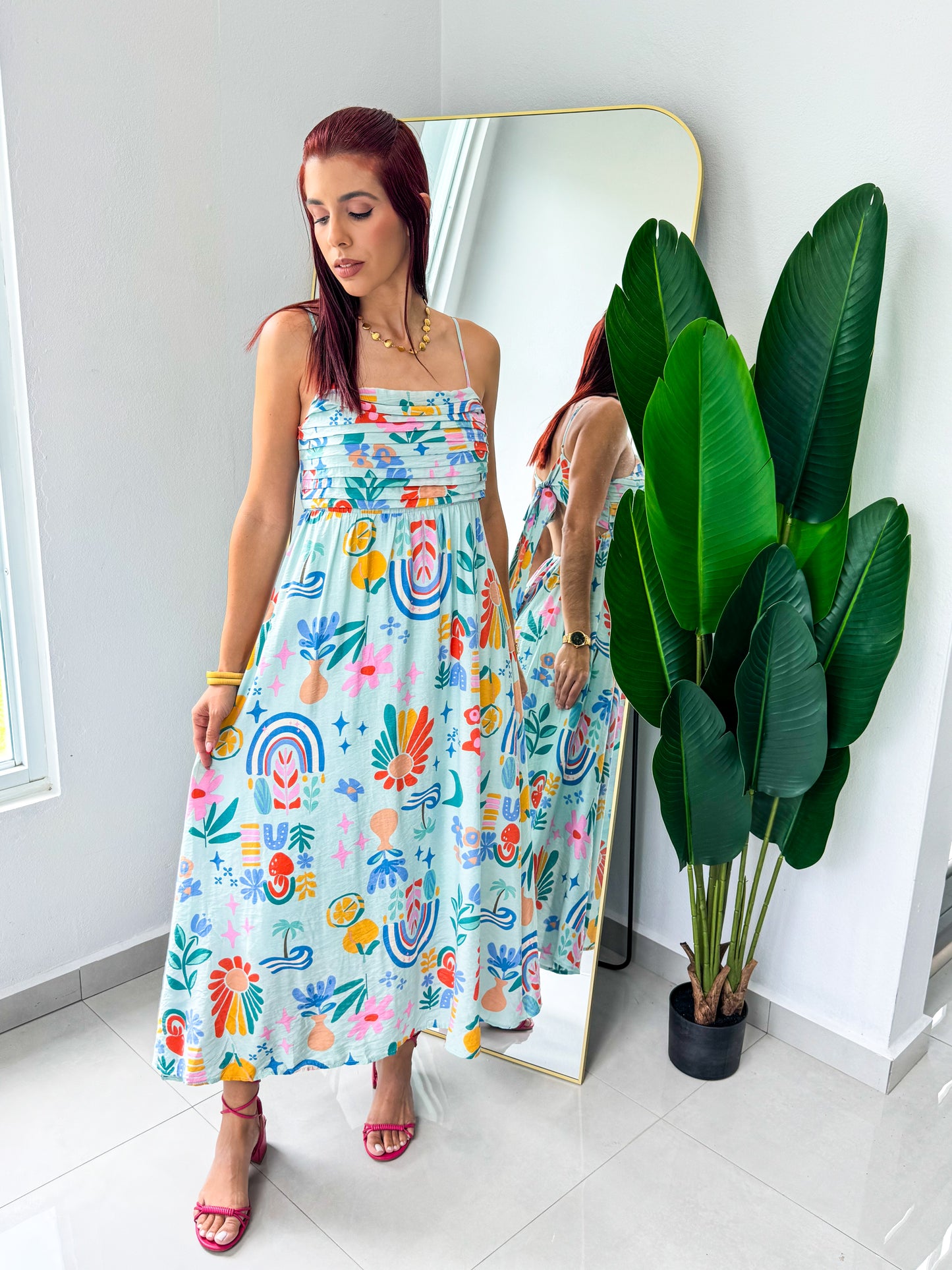 “Marisel” Aqua Tropical Midi Dress