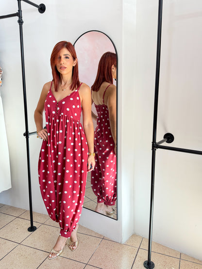 “Elisa” Wine Polka Dots Boho Jumpsuit
