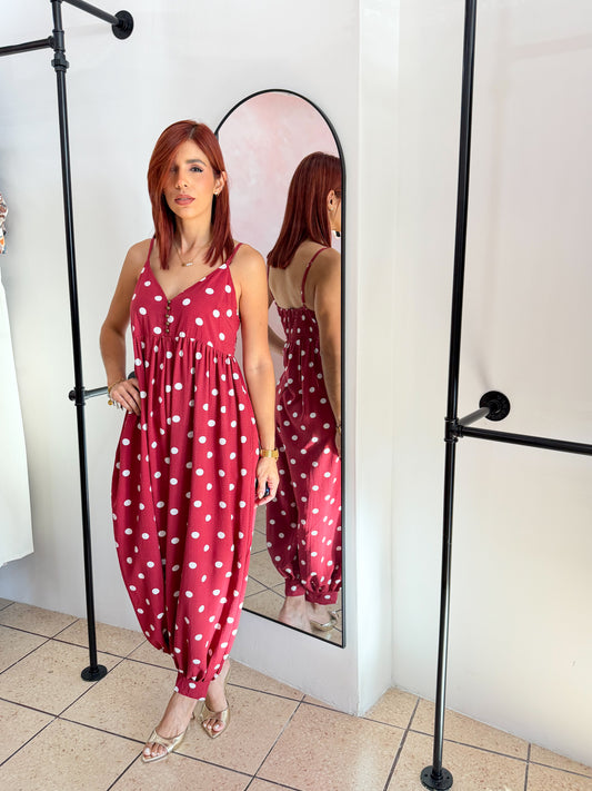 “Elisa” Wine Polka Dots Boho Jumpsuit