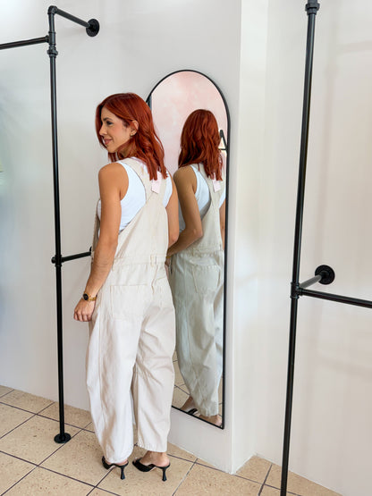 “Tamara” Taupe/White Stripe Barrel Overall