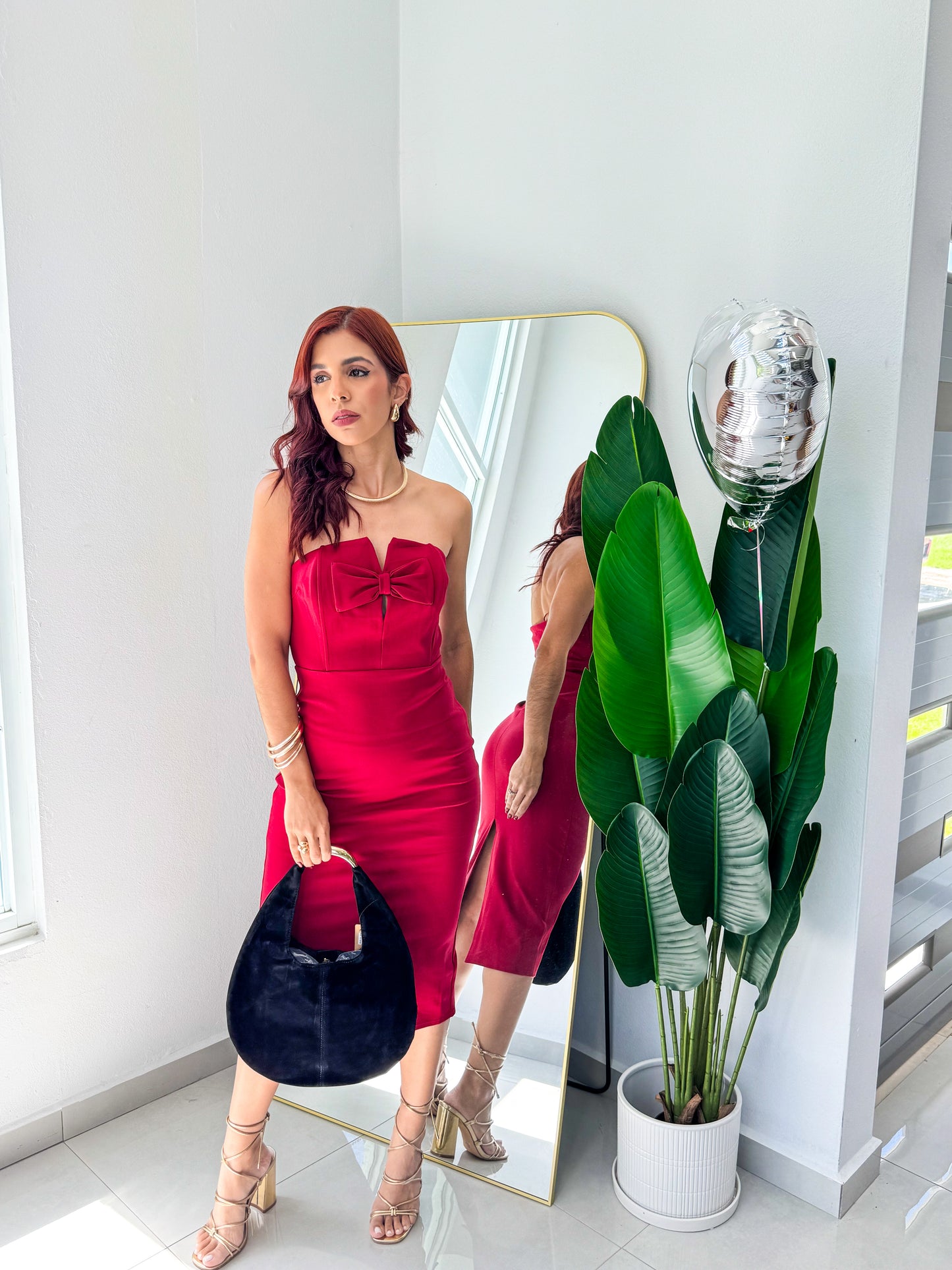 “Tatiana” Wine Strapless Midi Dress