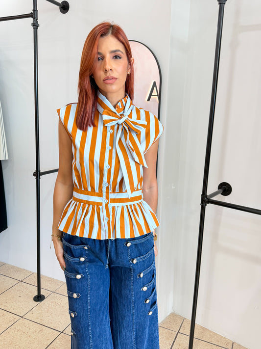 Tiana Caramel/Blue Stripe Top