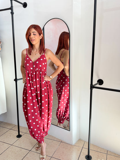 “Elisa” Wine Polka Dots Boho Jumpsuit