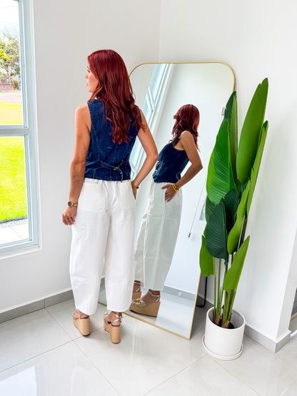 “Noelia” Denim Pearls Top