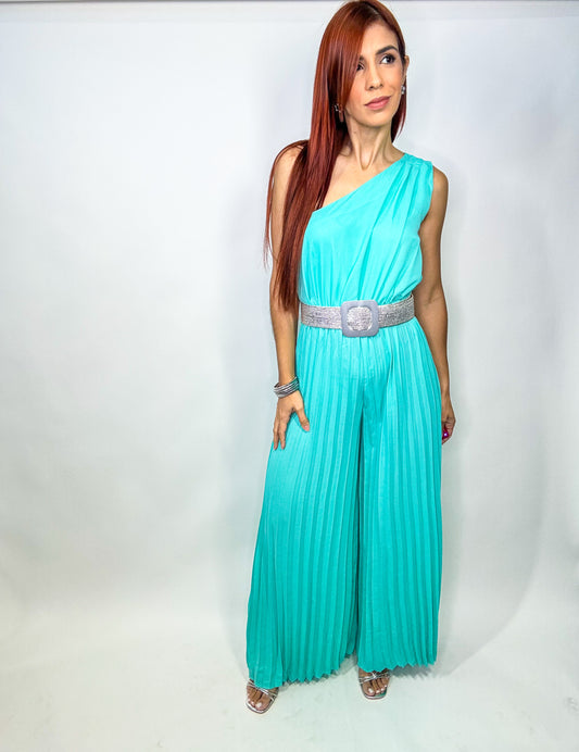 “Anahí” Aqua Pleated Jumpsuit