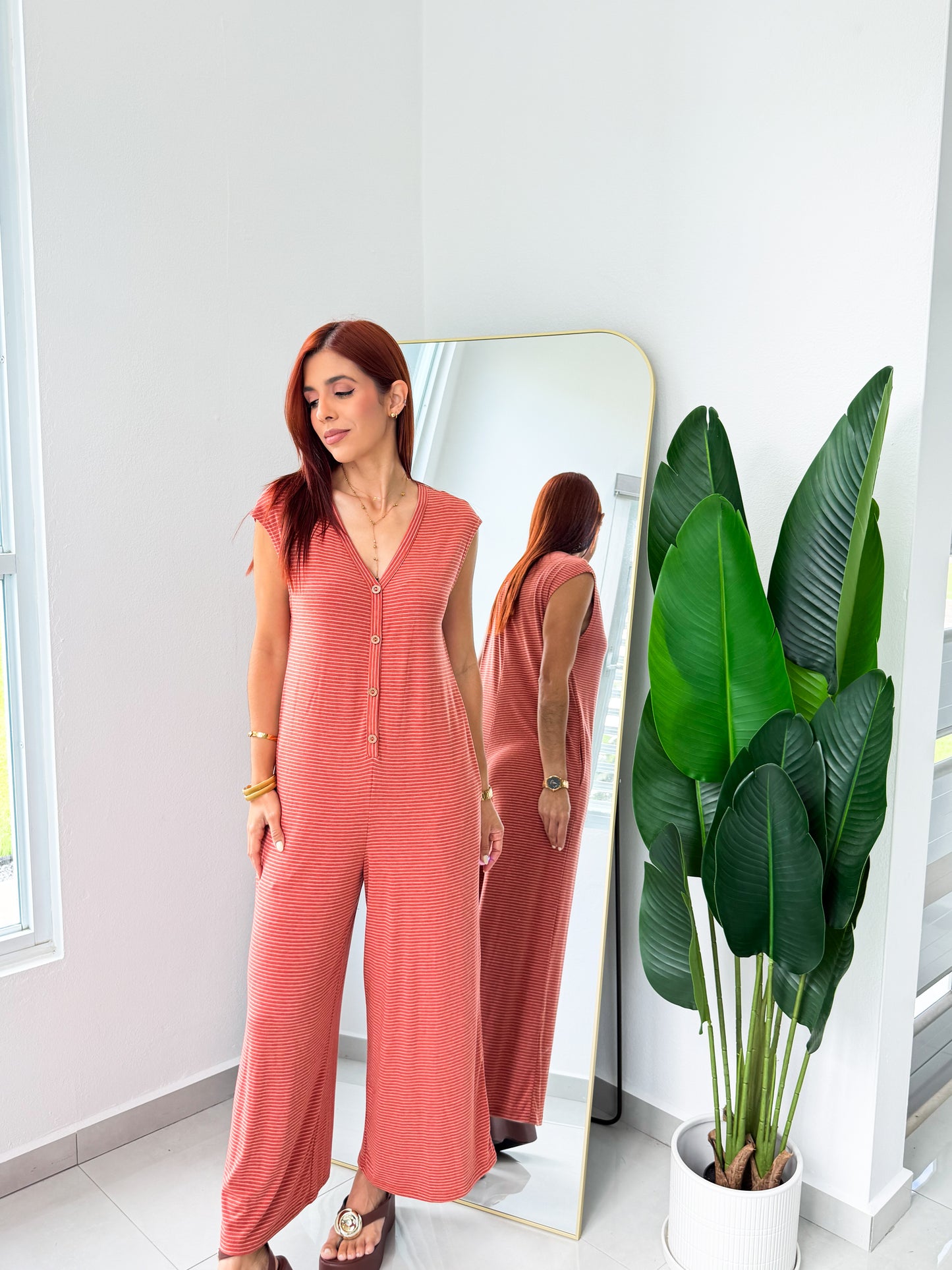 “Shayleen” Brick Stripe Jumpsuit