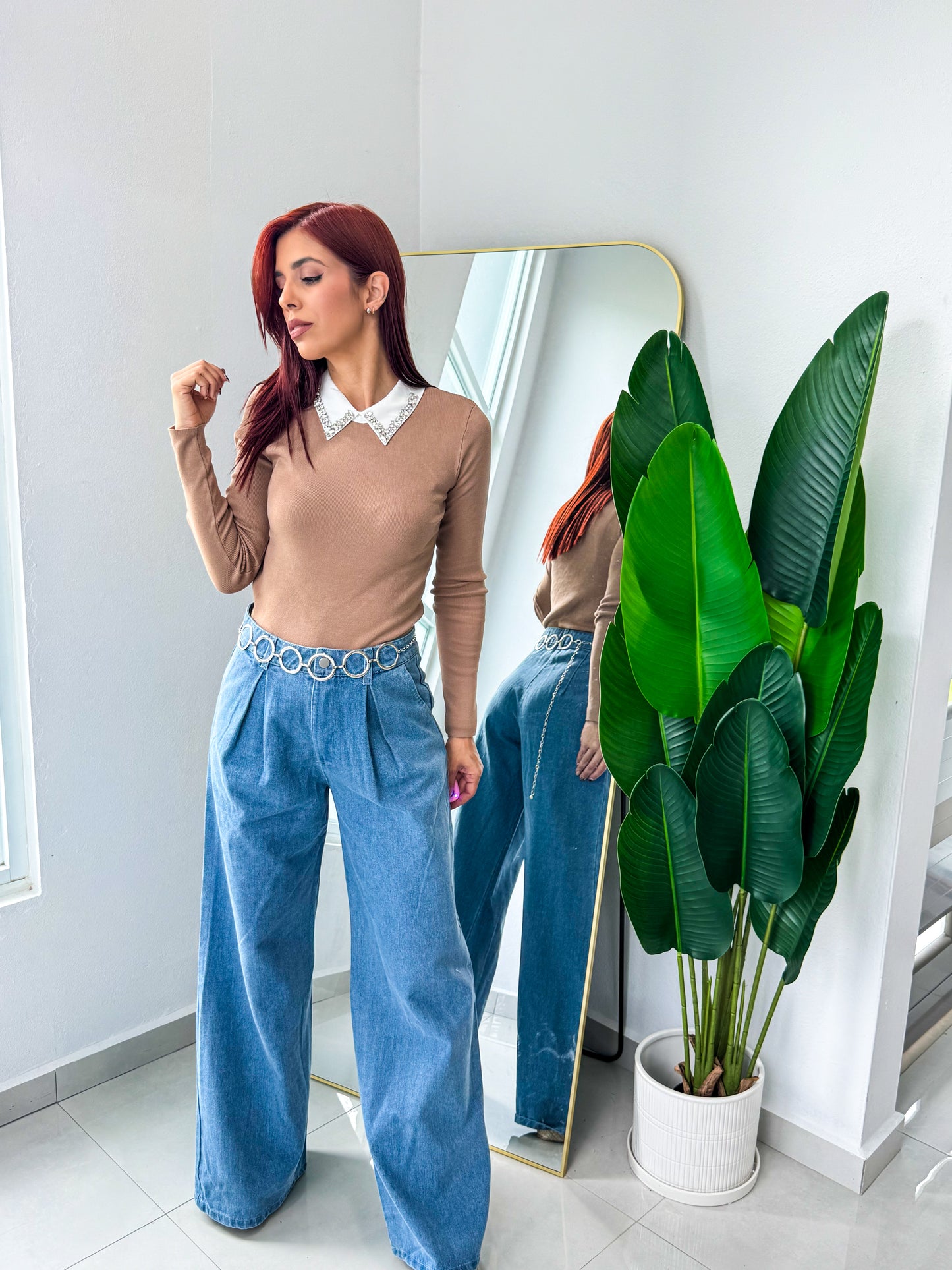 “Eneida” Mocha Collared Long Sleeve Top