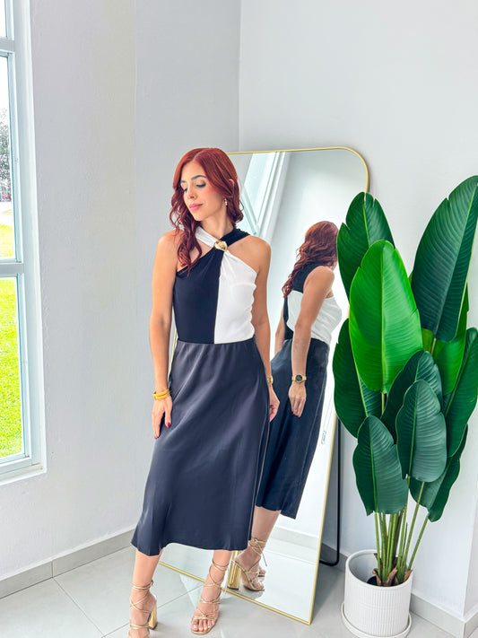 “Ingrid” Black Midi Satin Skirt