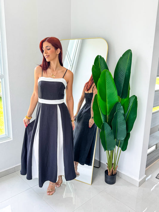 “Valeria” Black/White Midi Dress