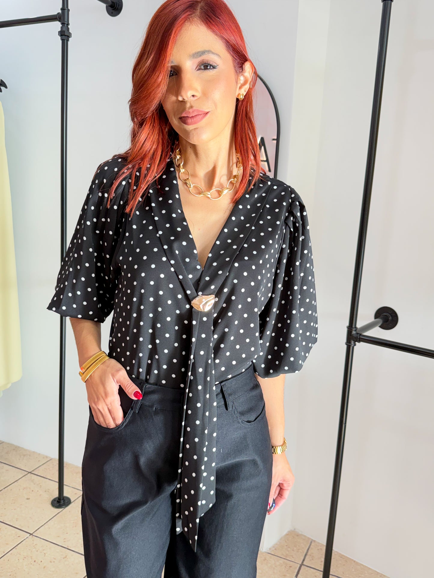 “Karina” Black Polka Dots Elegant Top