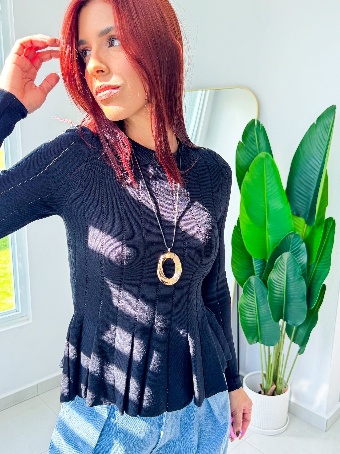 “Astrid” Black Peplum Long Sleeve Top