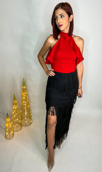 “Krys” Black Fringe Skirt